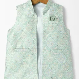 Robo Fry Jacquard Woven Full Sleeves Kurta Pyjama Set with Floral Print Sequinned & Embroidered Jacket - Mint image 2