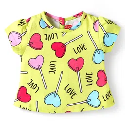 Babyhug Cotton Knit Half Sleeves Co-ords Shorts Night Suit with Hearts Print - Yellow image 2