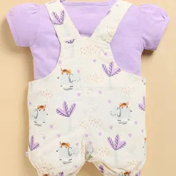 Wonderchild Animals Embroidered & Printed Dungaree & Half Puffed Sleeves Top Set - Cream & Mauve image 2