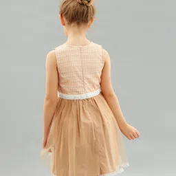 Kookie Kids Sleeveless Checks Party Frock with Lace Detail - Beige image 3