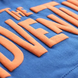 Pine Kids Cotton Knit Full Sleeves Cut & Sew Hooded Sweatshirt with Adventure Text Print & Kangaroo Pockets - Orange & Blue image 3