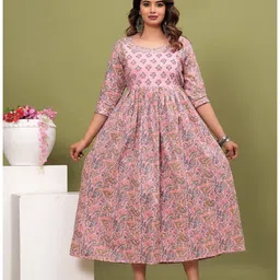 NEVISHA STYLE Cotton Woven Three Fourth Sleeves Floral Printed Maternity Kurta With Nursing Access - Pink image 4