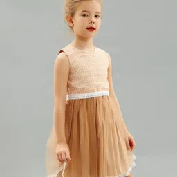 Kookie Kids Sleeveless Checks Party Frock with Lace Detail - Beige image 4