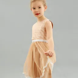 Kookie Kids Sleeveless Checks Party Frock with Lace Detail - Beige image 5