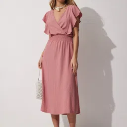 Happiness istanbul Women Cotton V-Neck Flutter Sleeve Wrap Midi Dress image 3