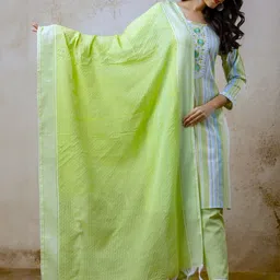 AUZAAI COLLECTION Striped Round Neck Pure Cotton Straight Kurta With Trousers & Dupatta-image-12