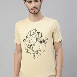 Bushirt Men Beige Printed Round Neck Cotton Pure Cotton T-shirt-image-51