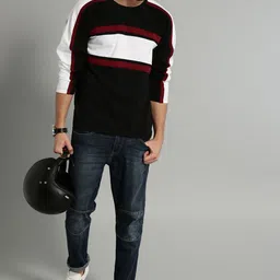 Roadster Men Black  White Colourblocked Round Neck Pure Cotton T-shirt-image-6