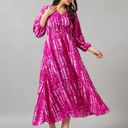 Krunal Raiyani Tie and Dye Dyed Smocked Detail Puff Sleeve Crepe Fit & Flare Midi Dress-picture-29