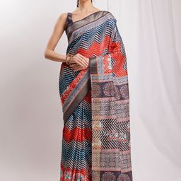 Janasya Women's Multicolor Silk Blend Chevron Printed Printed Saree with Blouse Piece-picture-47