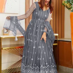 A TO Z CART Women Embroidered Net Fit And Flare Maxi Dress image 1