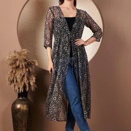 CORSICA Women Black Chiffon Floral Butti Three-Quarter Sleeves Long Shrug-picture-19