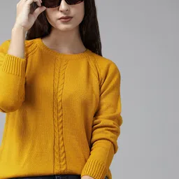 Roadster Women Mustard Yellow Cable Knit Pullover-picture-32