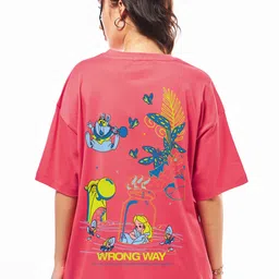 Bewakoof Women Pink Wrong Way Graphic Printed Oversized T-shirt-picture-33