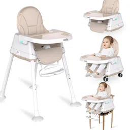 Golden Bee Deluxe 4 in 1 Convertible High Chair for Babies and Toddlers, Feeding Seat with Tray, Wheels, Safety Belt, and Cushion Seat, for Baby Boy & Girl 6 Months to 3 Years (Khakhi) image 1