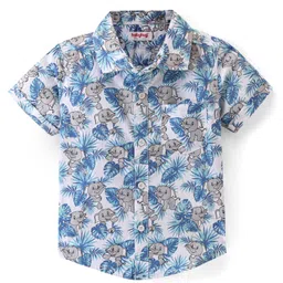 Babyhug Cotton Woven Half Sleeves Regular Collar Elephant Printed Shirt - White & Blue-image-66
