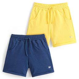 Honeyhap Premium  100% Cotton Looper Solid Colour Shorts  With Bio Finish Pack of 2 -Gold Finch Yellow & Navy Peony-picture-19