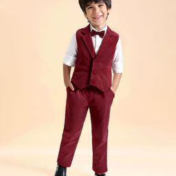 Babyhug Woven Full Sleeves Solid Color 3 Piece Party Suit with Bow - Maroon-picture-17