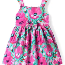 Babyhug Cotton Knit Sleeveless Frock With Floral Print & Bow Applique - Sea Green-picture-32