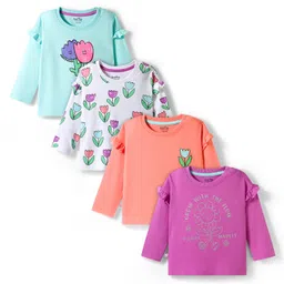 Bonfino 100% Cotton Knit Full Sleeves T-Shirt with Floral Print & Frill Detailing Pack of 4 - White Peach & Blue-picture-12