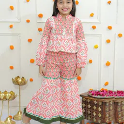Ka-mee Cotton Woven Full Sleeves Floral Printed Gota Lace Embellished Kurti & Coordinating Sharara Set - Pink-picture-15