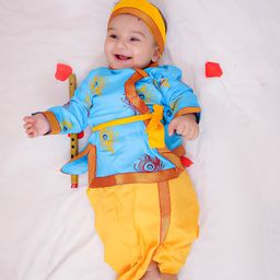 KID1 Cotton Woven Janmasthami Theme Full Sleeves Kanha Angrakha Dhoti Set With Morpankh Bansuri & Headband - Blue-picture-0