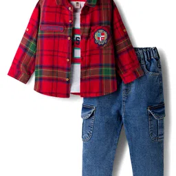 ToffyHouse Interlock Knit Full Sleeves T-Shirt & Jeans Set with Checks Shirt & Badge - Red & Blue-picture-25