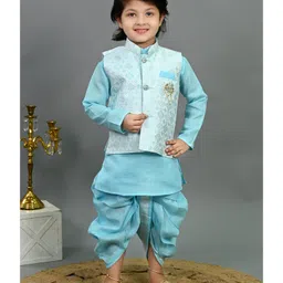 BT DEZINES Cotton Silk Woven Full Sleeves Geometric Floral Motifs Embroidered Kurta Dhoti Set With Jacket - Aqua Blue-picture-17