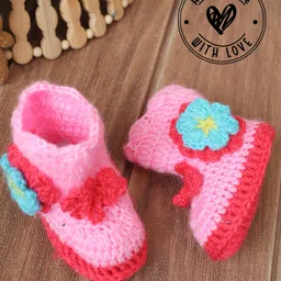 Woonie Woven Floral Applique Detailed Handmade Booties - Pink-picture-11