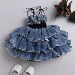 TINY MINY MEE Elastane Woven Sleeveless Floral Applique Detailed Layered Dress - Grey-image-78