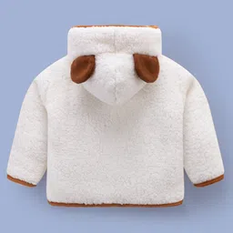 Kookie Kids Full Sleeves Hooded Winter Fur Jacket with Lion Patch3D Applique & Pockets - Cream image 2