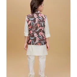 Ministitch Cotton Silk Woven Full Sleeves Solid Kurta Pyjama With Floral Printed Nehru Jacket Set - Brown image 3