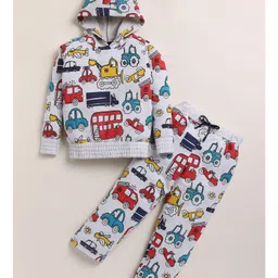Little Marine Cotton Blend Knit Full Sleeves Vehicles Printed Coordinating Hooded Sweatshirt With Pajama Set - Multi Colour image 3