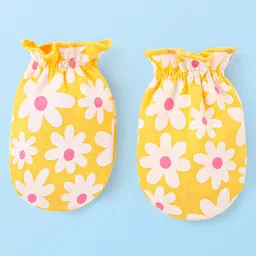 Babyhug 100% Cotton Knit Floral Printed Cap With Pair Of Mittens & Booties - Yellow image 4