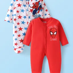 Babyhug Marvel Interlock Knit Full Sleeves Footed Sleep Suits With Spider-Man Graphics Pack of 2 - Red & White image 4