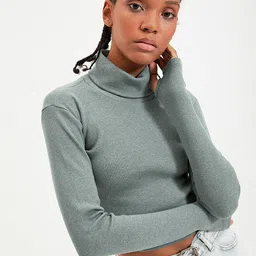 Trendyol Women Self Design Turtle Neck Fitted Crop Top-picture-17