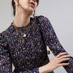 STREET 9 Navy Blue & White Printed Crepe Blouson Top-picture-26