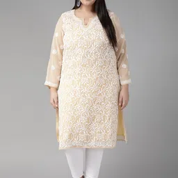 ADA Women Beige Floral Thread Work Georgette Handloom Georgette Handloom Kurta with Inner-picture-46
