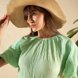 SASSAFRAS Green Self Design Puff Sleeves Crepe Boxy Crop Top-picture-12