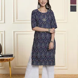HERE&NOW Selection Of 3 Bandhani Printed Round Neck Straight Kurtas-picture-10