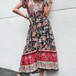 Routes by All About You Women Floral Print Flutter Sleeve Fit & Flare Midi Dress-picture-20