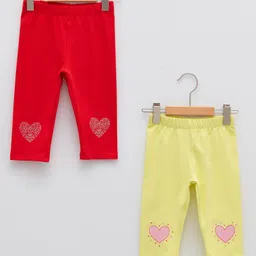 LC Waikiki Cotton Knit Full Length Leggings Embellished & Heart Print Pack Of 2 - Red Yellow-image-13