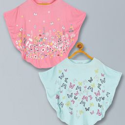 Plum Tree Pack Of 2 Half Sleeves Floral & Butterfly Printed Tops - Pink & Aqua Blue-picture-30
