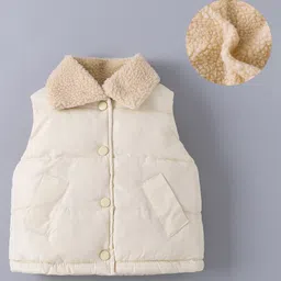 Kookie Kids Sleeveless Padded Winter Jacket With Far Collar Neck - Cream-picture-23