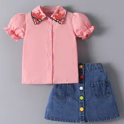 Mark & Mia Cotton Puffed Sleeves Top & Skirt with Embroidered Collar - Pink-picture-28