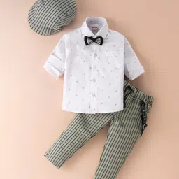Dapper Dudes Full Sleeves Abstract Printed Shirt With Striped Pant Bow Cap & Suspender Set - Pista-picture-20