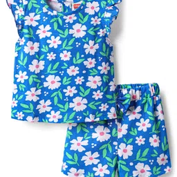 Babyhug Cotton Knit Frill Sleeves Shorts Night suit With Floral Print - Blue-picture-11