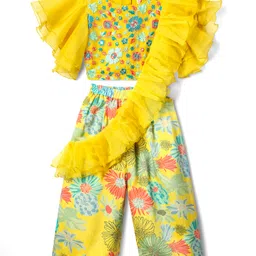 Babyhug Woven Flutter Sleeves Indo Western Set With Floral Print & Dupatta - Yellow-image-84