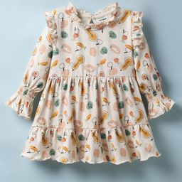 CUCUMBER Interlock Knit Full Sleeves Fruits Printed Tiered Frock With Frill Detailing - Cream-picture-0