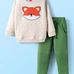Babyhug Terry Knit Full Sleeves T-Shirt & Lounge Pant Set With Animal Print - Off White & Green-picture-14